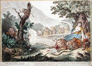 The Wounded Lion, wydana przez Hannah Humphrey w 1805 r. (akwaforta ręcznie kolorowana) autorstwa James Gillray