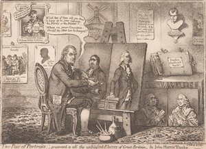 „Dwie pary portretów”; dedykowane wszystkim bezstronnym elektorom Wielkiej Brytanii autorstwa James Gillray