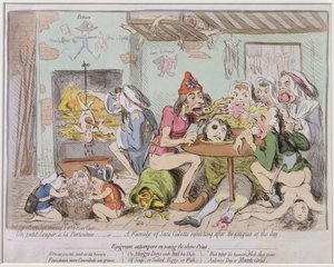 Un Petit Souper a la Parisienne, or A Family of Sans-Culottes Refreshing after the Fatigues of the Day, opublikowane przez Hannah Humphrey w 1792 roku (akwaforta ręcznie kolorowana) autorstwa James Gillray