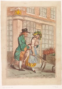 Kobieta z taczką z korzeniami przed witryną księgarni Roberta Fauldera w Londynie Marchewki Kanapkowe! delikatna kanapka-marchew (tytuł na obiekcie) autorstwa James Gillray