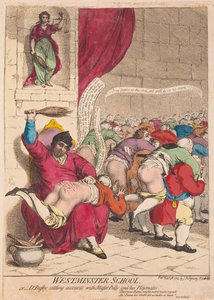 Westminster School lub Dr Busby rozliczający się z Mistrzem Billym i jego towarzyszami zabaw, pub. 1785 (grawerowanie ręcznie kolorowane)