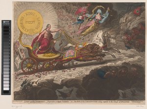 William Pitt verdrijft de duistere krachten, 1795 Światło Wypędzające ciemność, - parowanie stygijskich wydechów, -lub- Słońce konstytucji, wznoszące się ponad chmury opozycji (tytuł na obiekcie) autorstwa James Gillray