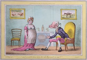 „i czy nie zwróciłbyś na mnie podłej hańby” wydanej przez Hannah Humphrey w 1807 r. (akwaforta ręcznie kolorowana)