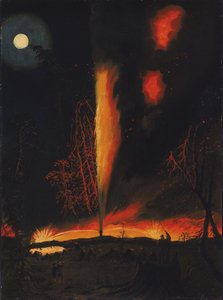 Płonący szyb naftowy nocą, niedaleko Rouseville, Pensylwania autorstwa James Hamilton