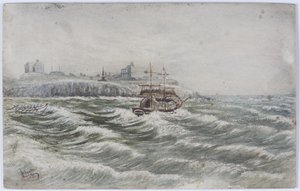 Wyrzucenie na brzeg statku Beloy of Littlehampton i utrata załogi łodzi ratunkowej na rzece Tyne (akwarela, akwarela i wydrapywanie na papierze) autorstwa James Henry Cleet