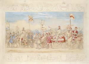 Sir Francis Hopkins Bt., Rycerz Płonącej Wieży i Richard Lechmere, Rycerz Czerwonej Róży Róża Lancaster, 1839 (ołówek, toaleta i gwasz na papierze)