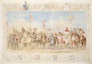 Walter Little Gilmour Esq., Czarny rycerz i Hon. Edward Stafford Jerningham, Rycerz Łabędzi, 1839 (ołówek, toaleta i gwasz na papierze) autorstwa James Henry Nixon
