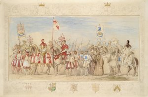 William Earl of Craven, Rycerz Gryfa i Henry de la Poer Beresford, markiz Waterford, Rycerz Smoka, 1839 (ołówek, toaleta, gwasz i złota farba na papierze) (patrz także 366230) autorstwa James Henry Nixon