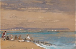 Plażowa scena z postaciami przy falochronie autorstwa James Holland