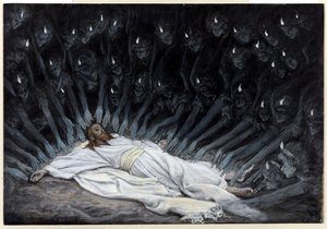 Aniołowie przybyli i służyli Mu, ilustracja do Życia Chrystusa, ok. 1886-94 (toaleta i gwasz na tekturze) autorstwa James Jacques Joseph Tissot