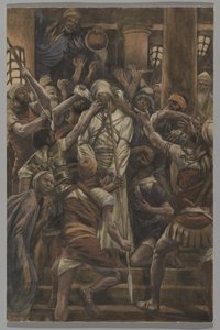 Maltretowania w Domu Kajfasza, ilustracja z Życia Pana naszego Jezusa Chrystusa, 1886-94 (wc nad grafitem na papierze) autorstwa James Jacques Joseph Tissot