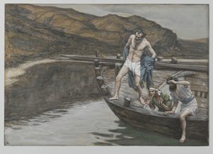 Święty Piotr zaalarmowany przez św. Jana przed obliczem Pana rzuca się w wodę, ilustracja z Życia Pana naszego Jezusa Chrystusa, 1886-94 (wc nad grafitem na papierze)