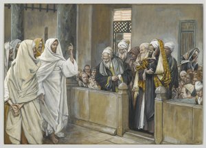Arcykapłani pytają Jezusa, jakim prawem postępuje w ten sposób, ilustracja z Życia naszego Pana Jezusa Chrystusa, 1886-94 (wc nad grafitem na papierze) autorstwa James Jacques Joseph Tissot