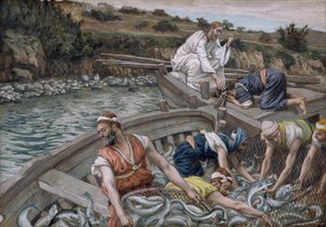 Pierwszy Cudowny Wyciąg Ryby, ilustracja do Życia Chrystusa, ok. 1886-94 (wc i gwasz na tekturze) autorstwa James Jacques Joseph Tissot