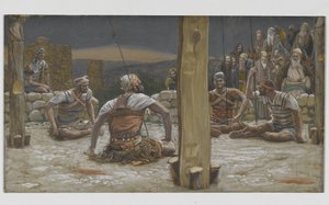 Czterech strażników usiadło i obserwowało go, ilustracja z Życia naszego Pana Jezusa Chrystusa, 1886-94 (wc nad grafitem na papierze) autorstwa James Jacques Joseph Tissot
