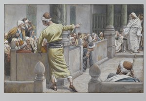 Uzdrowiony ślepiec opowiada Żydom swoją historię, ilustracja z Życia naszego Pana Jezusa Chrystusa, 1886-96 (wc nad grafitem na papierze) autorstwa James Jacques Joseph Tissot