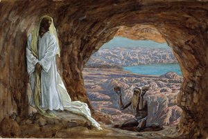 The Temptation in the Wilderness, ilustracja do Życia Chrystusa, ok. 1886-94 (toaleta i gwasz na tekturze) autorstwa James Jacques Joseph Tissot