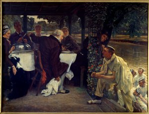 Powrót syna marnotrawnego: tłuste cielę Współczesna adaptacja Przypowieści o powrocie syna marnotrawnego do skruszonego ojca. Obraz Jacquesa Josepha (Jacques-Joseph) Tissot z Jamesem Tissot (1836-1902) 1880 Nd. 1x1,3 m Nantes, musee des Beaux autorstwa James Jacques Joseph Tissot