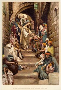 W wioskach przyprowadzano do niego chorych - Biblia autorstwa James Jacques Joseph after Tissot