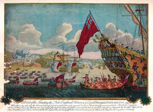 Lądowanie wojsk z Nowej Anglii na wyspie Cape Breton w celu ataku na Louisbourg, 1747 autorstwa James L. Brooks