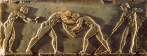 Starożytni greccy atleci przedstawieni na płaskorzeźbie z VI wieku p.n.e. National Archeol... autorstwa James L Stanfield