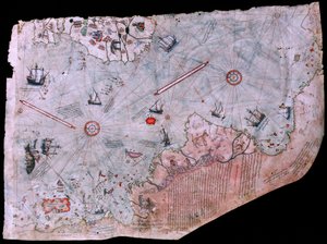 Mapa Piri Reis Haritasi ukończona w 1513 r. MUZEUM PAŁACOWE TOPKAPI, STAMBUŁ, TURCJA.
