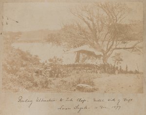 Czytanie ultimatum dla wodzów Zulu po Natalskiej stronie Drift Lower Tugela, 11 grudnia 1878 autorstwa James Lloyd