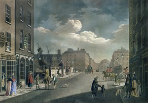 Widok z Capel Street, patrząc na most Essex w Dublinie, z „Zestawu dwudziestu widoków Dublina”, 1797 autorstwa James Malton