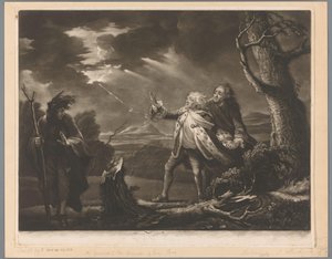 David Garrick als koning Lear met de graaf van Kent en Edgar vermomd als Tom in een stormachtig landschap   1374708   pl       polish Successfully Translated  Original: The Flight into Egypt with a Shepherd Watching from Behind a Tree Translat: The Flight  autorstwa James McArdell