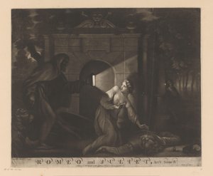 Julia klęka przy ciele Romea i patrzy na mnicha z latarnią Romeo i Julia, Akt V. Scena IV. (tytuł na obiekcie) autorstwa James McArdell