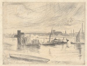 Świt Battersea (molo Cadogan), z zestawu Tamizy (seria szesnastu rycin przedstawiających sceny nad Tamizą i inne tematy) autorstwa James Abbott McNeill Whistler