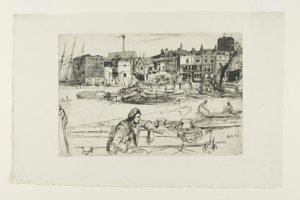 Black Lion Wharf, z serii szesnastu rycin przedstawiających sceny nad Tamizą („Zestaw Tamizy”) autorstwa James Abbott McNeill Whistler