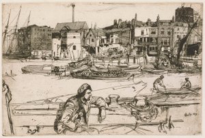 Black Lion Wharf, z zestawu Tamizy (seria szesnastu rycin przedstawiających sceny nad Tamizą i inne tematy) autorstwa James Abbott McNeill Whistler