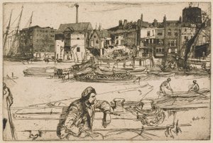 Black Lion Wharf, z zestawu Tamizy (seria szesnastu rycin przedstawiających sceny nad Tamizą i inne tematy) autorstwa James Abbott McNeill Whistler