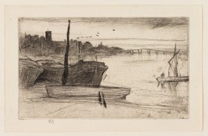Most Chelsea i kościół autorstwa James Abbott McNeill Whistler