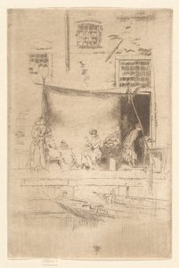 Stoisko z owocami, z drugiego zestawu weneckiego (zestaw dwudziestu sześciu akwafort) autorstwa James Abbott McNeill Whistler