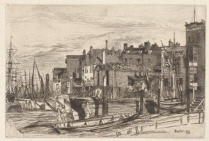 Thames Police (Wapping Wharf), z zestawu Tamizy (seria szesnastu rycin przedstawiających sceny nad Tamizą i inne tematy) autorstwa James Abbott McNeill Whistler