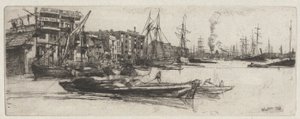 Thames Warehouse, z zestawu Tamizy (seria szesnastu rycin przedstawiających sceny nad Tamizą i inne tematy) autorstwa James Abbott McNeill Whistler