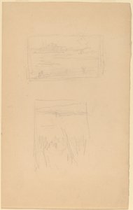 Dwa szkice obrazów krajobrazowych zawieszone w Towarzystwie Artystów Brytyjskich autorstwa James Abbott McNeill Whistler