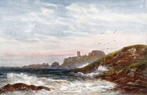"Zamek Dunbar" (kolorowa litografia) autorstwa James Orrock
