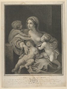 Charity siedziała karmiąc niemowlę, druga śpi na jej kolanach, a trzecia rozmawia z nią ..., 1793. autorstwa James Parker