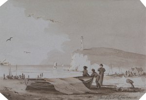 Scena przybrzeżna z postaciami, łodziami, latarnią morską itp. autorstwa James Pattison Cockburn