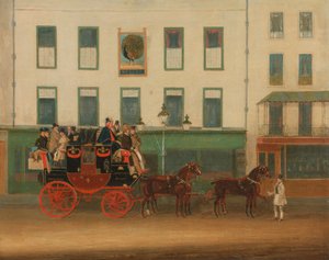 Autokar sceniczny Londyn-Manchester, „Peveril of the Peak”, przed Peacock Inn, Islington autorstwa James Pollard