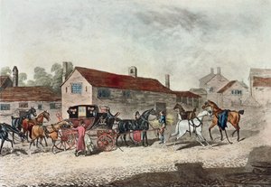 Pocztowy trener zmieniający konie, grawerowany przez R. Havell, 1815 autorstwa James Pollard