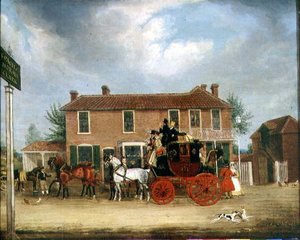 The Norwich to London Mail at the Coach and Horses, Ilford (olej na płótnie) autorstwa James Pollard