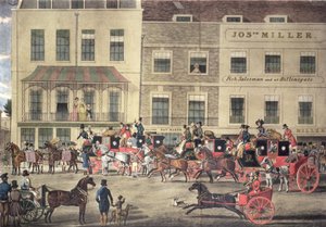 West Country Mails w Gloucester Coffee House, Piccadilly, grawerowane przez C. Rosenberga, 1828 autorstwa James Pollard