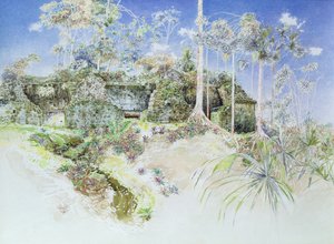 Zrujnowana świątynia, Tikal, Gwatemala, 1984 (wc na papierze) autorstwa James Reeve