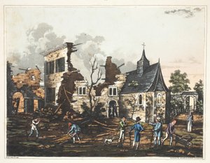 Zamek Hougoumont: widok wnętrza zredukowany do stosu ruin