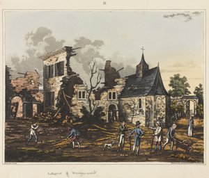 Wnętrze Hougoumont, z „Relacji historycznej z bitwy pod Waterloo”, 1817 (kolorowa akwatinta)