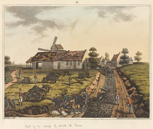 Część wsi Mont St Jean, z „Relacji historycznej z bitwy pod Waterloo”, 1817 (kolorowa akwatinta) autorstwa James Rouse